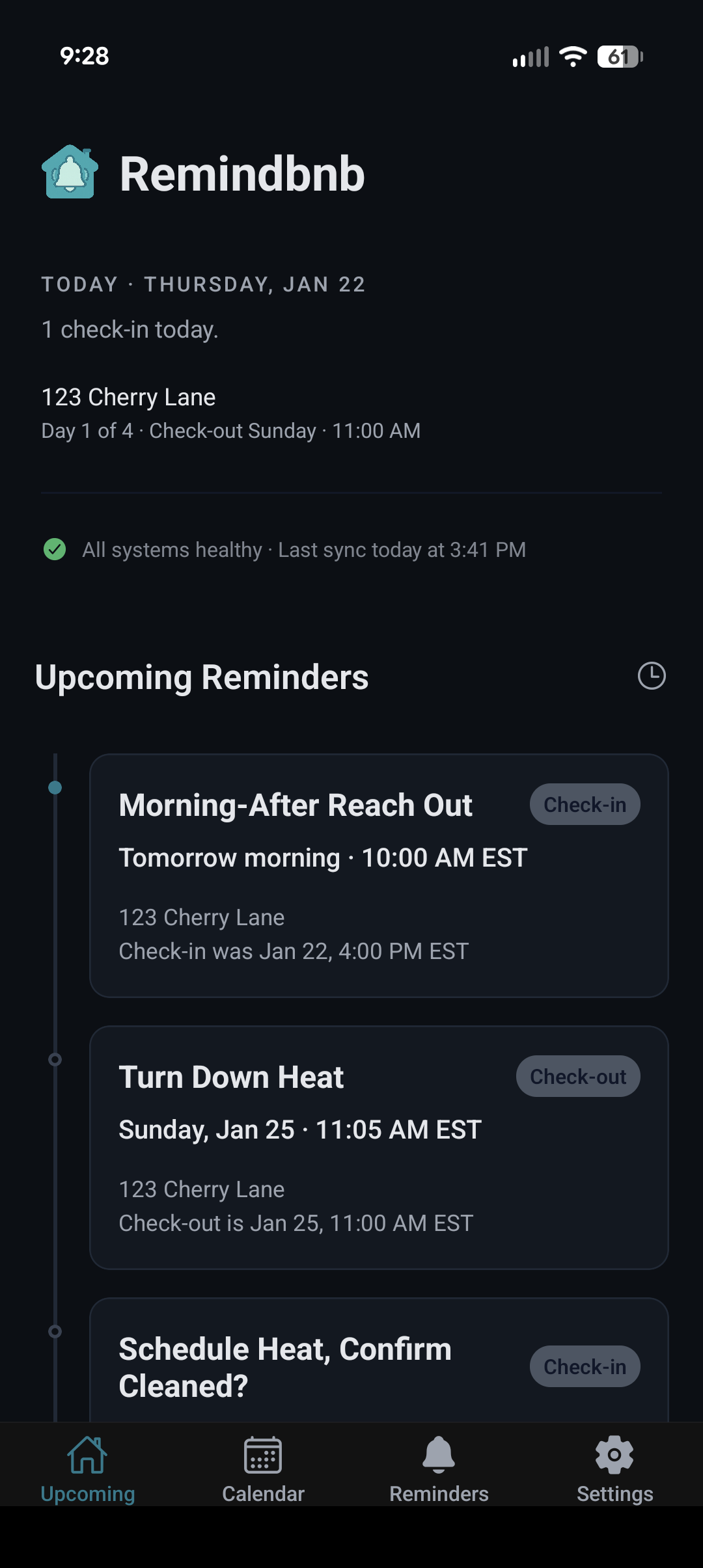 Remindbnb app showing upcoming reminders for your vacation rental