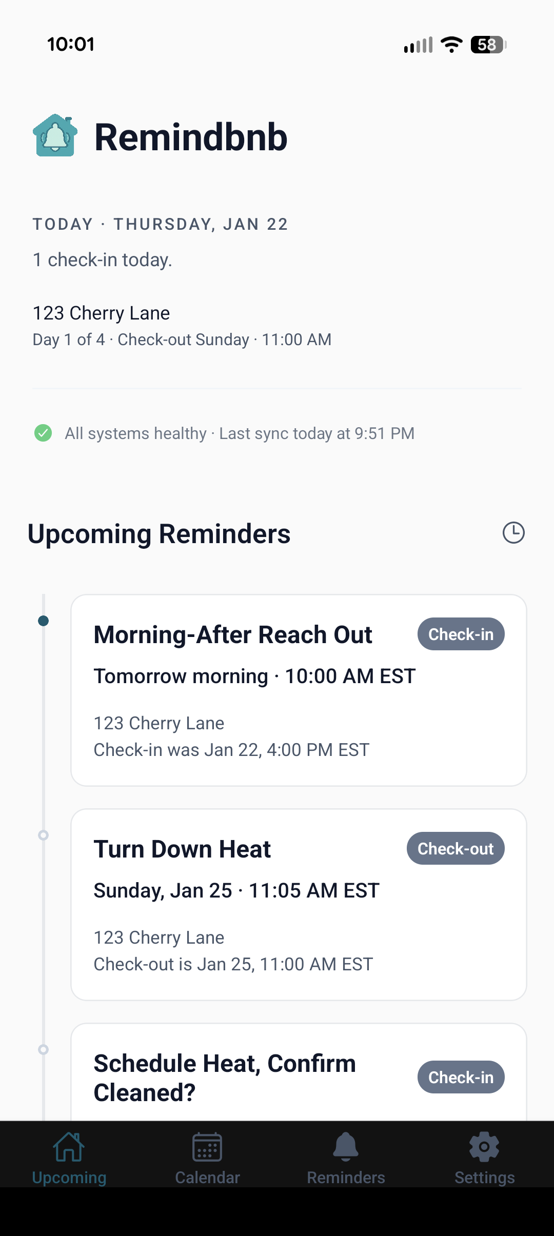 Remindbnb app showing upcoming reminders for your vacation rental